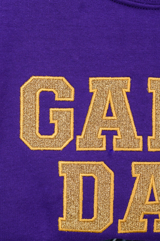 PREORDER: Embroidered Glitter Game Day Sweatshirt in Purple/Old Gold