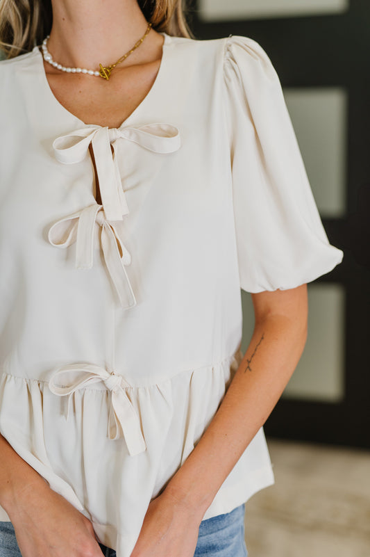 PREORDER: Balloon Sleeve Bow Blouse in Ivory