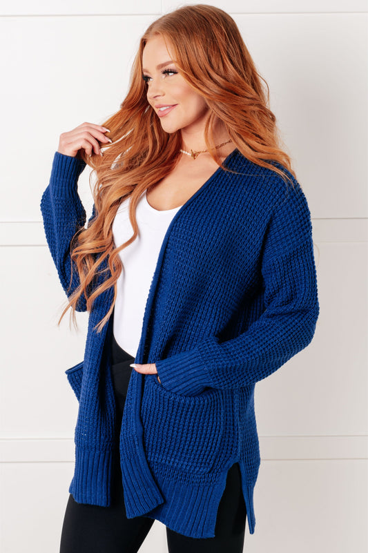 Everything Layer Waffle Knit Open Front Cardigan in Light Navy