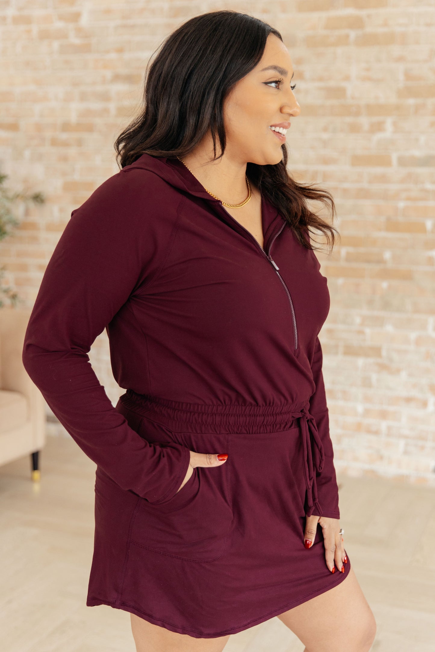 Getting Out Long Sleeve Hoodie Romper in Maroon